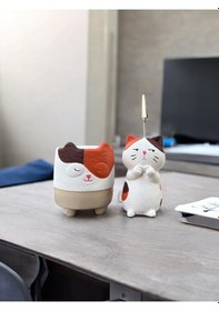 Resim Utangaç Kedi Temalı Not Tutucu Ve Kedi Saksı Seti Hediyelik Ofis Seti Turuncu 