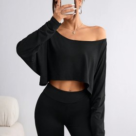 Resim Şık Omuz Açık Yarasa Kollu Tişört - Günlük Düz Renk, Esnek Polyester Karışımı, Makinede Yıkanabilir - Kadın Modası, Günlük, Düz Renk, Yarasa Kanadı Kesimi, Tişört 