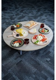 Resim Siyah Mermer Desenli Metal Katlanır Ayaklı Kamp Bahçe Ev Ve Oyun Için Yuvarlak Yer Sofrası Ahşap 