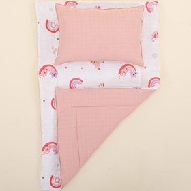 Resim Alt Açma Matı ve Yastık - Çift Taraflı - Pudra Muslin - Pembe Gökkuşağı 