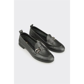 Resim Elle Siyah Deri Kadın Loafer 