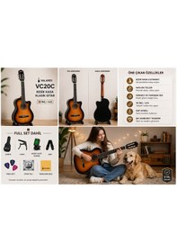 Resim Valares Vc20c Kesik Kasa Klasik Gitar 38 İnç 4/4 Yetişkin Üst Segment Çanta Capo Askı Pena Tuner Sunburst 