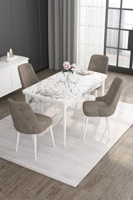 Resim Canisa Noa Serisi 80x132 Açılabilir Mdf Beyaz Mermer Desen Masa Takımı Ve 4 Cappucino Sandalye 