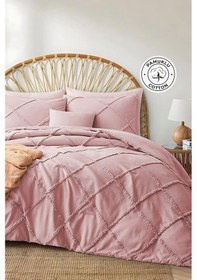 Resim Evlen Home Pamuklu Aimar Yatak Örtüsü Takımı Çift Kişilik Günlük Boho 3 Parça Elyaf Dolgulu Pudra Pudra 