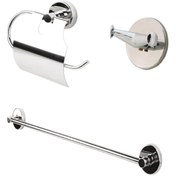 Resim Alper Banyo Krom Üçlü Banyo Seti | Düz Havluluk Kapaklı Kağıtlık Bornoz Askısı | Yapışkanlı & Vidalı Montaj 