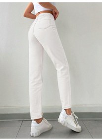 Resim Kadın Mom Fit Jeans Kot Pantolon Beyaz Beyaz 