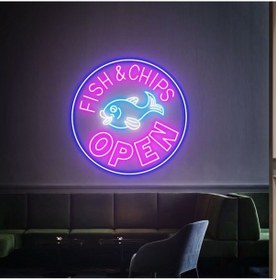 Resim Fısh&chıps Open Yazılı Ve Şekilli Neon Tabela Pembe 