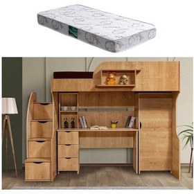 Resim Ranza, Litera Ranza Dolap Çalışma Masası Açık Ceviz + 1 Adet Comfort Yatak 90 x 190 Cm 