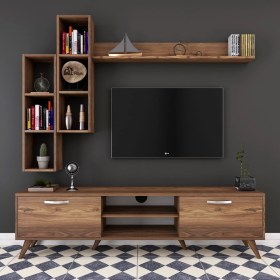 Resim Rani A9 Duvar Raflı Tv Ünitesi Kitaplıklı Tv Sehpası Duvara Monte Raflı Modern Ayaklı 180 cm Minyatür Ceviz M16 