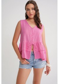 Resim Mixray 4722 Kadın V Yaka Fırfırlı Müslin Bluz Pembe 