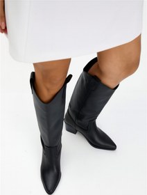 Resim POTEEN Ptc Western Topuklu Kadın Kowboy Çizme Diz Altı Geniş Konçlu-Siyah 