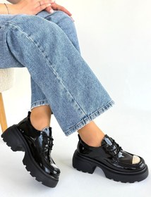 Resim Erbilden Kiya Siyah Rugan Dolgu Topuk Oxford Ayakkabı 