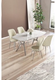 Resim Canisa Lena Serisi 90x160 Lak Panel Beyaz Mermer Desen Kromkaplama Ayaklı Masa Takımı Ve 4 Krem Sandalye Masa Beyaz Mermer Desen Sandalye Krem 