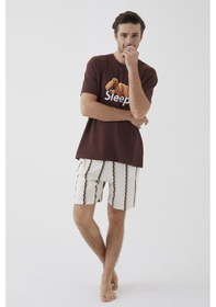 Resim Erkek Kısa Kollu Pamuklu Ayıcık Desenli Şortlu Pijama Takımı Ke30308 Ekru 