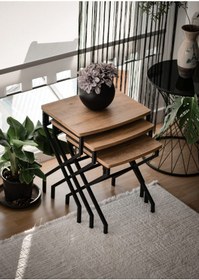 Resim TOPRAK E-TİCARET Zigon Sehpa 3lü Altıgen Set Sepet Sehpa Atlantik Çam Orta Sehpa Metal Sepet 