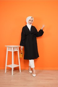 Resim CNG MODA Kadın Siyah Ayrobin Kuşaklı Kimono 