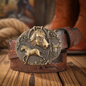 Resim BH Western Kovboy Kemeri - Siyah At Kabartma Desenli, Çiçek Detaylı, Metal Toka ve Hayvan Desenli, Unisex Kemer, Jeans ve Western Giyim İçin, Normal Boy (Önceden Delikli) 