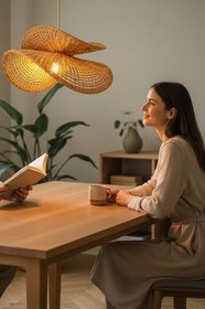 Resim El Yapımı Rustik Rattan Avize LUNA 60 Cm Çap | Doğal Kök Boya Vernikli Iskandinav Aydınlatma 