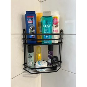 Resim Yaylı Dekor Iki Katlı Siyah Banyo Köşe Rafı 