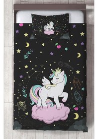Resim Mekta Home Bebek Ve Çocuk Odası Pembe Bulut Üzerinde Unicorn Desenli Siyah Yatak Örtüsü Renkli 