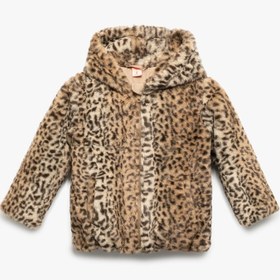 Resim Kız Bebek Kapüşonlu Uzun Kollu Leopar Desenli Peluş Ceket 