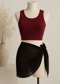 Resim MixmioLife Kadın Bordo Yuvarlak Yaka Crop ve Siyah Pareo 2'li Set 