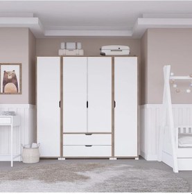 Resim Nisan Açık Ceviz-beyaz 4 Kapılı 2 Çekmeceli Elbise Dolabı - Gardırop Seti Açık Ceviz & Beyaz 