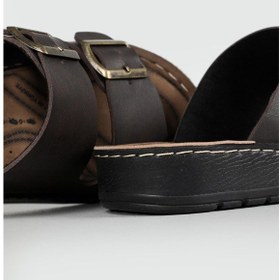 Resim Lugmo Suni Deri Eva Terlik Dikişli Metal Çift Tokalı Erkek Konfort Hafif Kaymaz Taban Kahverengi Kahverengi 