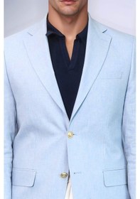 Resim Açık Mavi Keten Dokulu Gold Renk Metal Düğmeli Slim Fit Erkek Blazer Ceket - Wessi Blue 