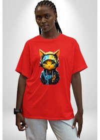 Resim Bandana Kedi Kulaklık Çeket Pamuklu Bisiklet Yaka Unisex Oversize Boyfriend Dijital Baskılı Kırmızı T-shirt Kırmızı 