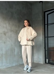 Resim Mamayaga Kadın Oversize Fermuarlı Kapüşonlu Sweatshirt Pileli Paça Tesettüre Uygun Spor Şık Eşofman Takımı Bej 
