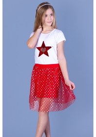 Resim Toontoy Kids Toontoy Kız Çocuk 2'li Takım Baskılı Bisiklet Yaka T-shirt & Astarlı Tül Etek Beyaz 