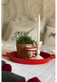 Resim Kitchen Trend Galvaniz Yuvarlak 37 Cm Ahşap Kulplu Kırmızı Tepsi 