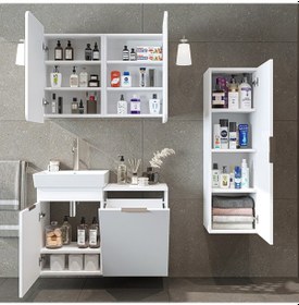 Resim Dubai Mdflam Sepetli Banyo Dolabı Seti, Lavabolu Alt Dolap + Aynalı Banyo Üst Dolabı + Boy Dolabı Beyaz 