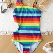 Resim [1 Adet Kız Çocuk Modası Mayo] 1 Adet Kız Çocuk Modası Tek Parça Mayo, Yazlık Örgü Polyester Esnek Çizgili Mayo, Spor Stili, Yarışçı Sırtı, Yüksek Elastiklik, Dar Kesim 
