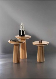 Resim Wood Wooden 3 Lü Set Fitilli Mantar Yan Sehpa Modern Ahşap Renk Fiskos Ahşap 