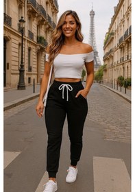 Resim Soonaksesuar Kadın Kısa Kollu Madonna Yaka Viskon Crop Bluz Cepli Iki Iplik Eşofman Takım Siyah 