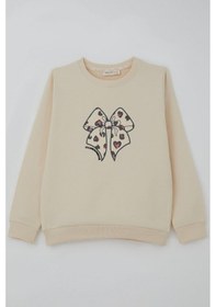 Resim Breeze Kız Çocuk Sweatshirt Fiyonk Baskı Nakışlı Yazılı 6-12 Yaş, Krem Krem 
