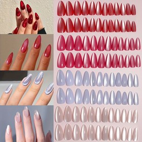 Resim Kadınlar İçin 96 Parça Kısa Badem Şekilli Günlük Klasik Minimalist Japon Tarzı Cat's Eye Gri Renkli Simli Tam Kaplama Takma Tırnak Seti ve Aksesuarları ile Zarif Bir Dokunuş Katın 