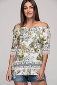 Resim Cotton Mood 7300798 Viskon Desenli Kolu Eteği Güpürlü Bluz Ekru Çıçek Desen 