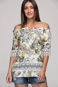 Resim Cotton Mood 7300798 Viskon Desenli Kolu Eteği Güpürlü Bluz Ekru Çıçek Desen 