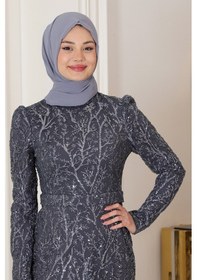 Resim Raika Moda Büyük Beden Gliten Tesettür Abiye Tuana Antrasit 
