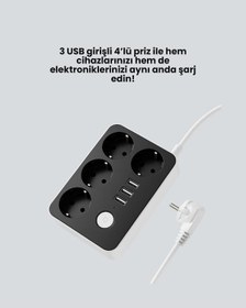 Resim Drnds 3 Usb Çıkışlı 4 Lü Akıllı Priz 2500w 2 Metre Kablo 