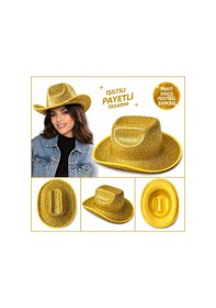 Resim Mey İthalat Parlak Altın Gold Kovboy Şapka Kadın Erkek Parti Disco Festival Şapkası Yetişkin 