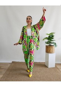 Resim İpli Yeşil Renk Etnik Desenli Viskon Kumaş Kimono Takım Yeşil 