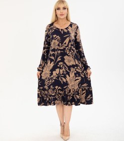 Resim mami butik KADIN LACİVERT DESENLİ BÜYÜK BEDEN DİZALTI UZUN KOL ETEK FIRFIR DETAYLI CEPLİ VİSKON PENYE ELBİSE 