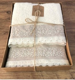 Resim Arliva 2 Li %100 Pamuk Naturel Dantelli Nakışlı Banyo Havlu Seti Krem Diğer 