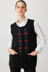 Resim Desen Triko Kadın Sıfır Yaka Önü Nakış İşlemeli Yün Yelek Siyah Siyah 