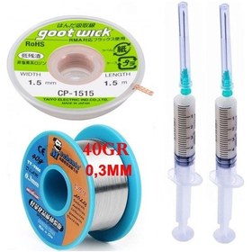 Resim Dörtlü Set Flux,lehim Emme Fitili 1,5mm Ve Mechanic Lehim Teli 40gr 0,3mm X02 