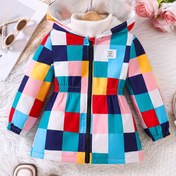 Resim Kız Çocuk Kışlık Rahat Kapüşonlu Ceket, Renkli Kareli Desenli 